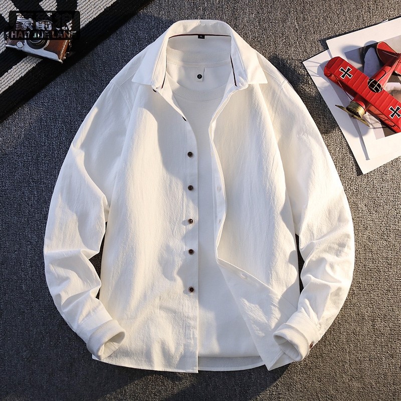 12368111.男士长袖衬衫春季宽松休闲百搭翻领纯棉衬衣服外套寸衣男春秋新款