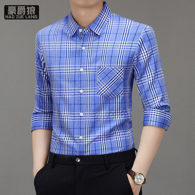 12368121.衣服衬衫男翻领透气四季通用长袖中老年人男士衬衫男休闲衬衣男