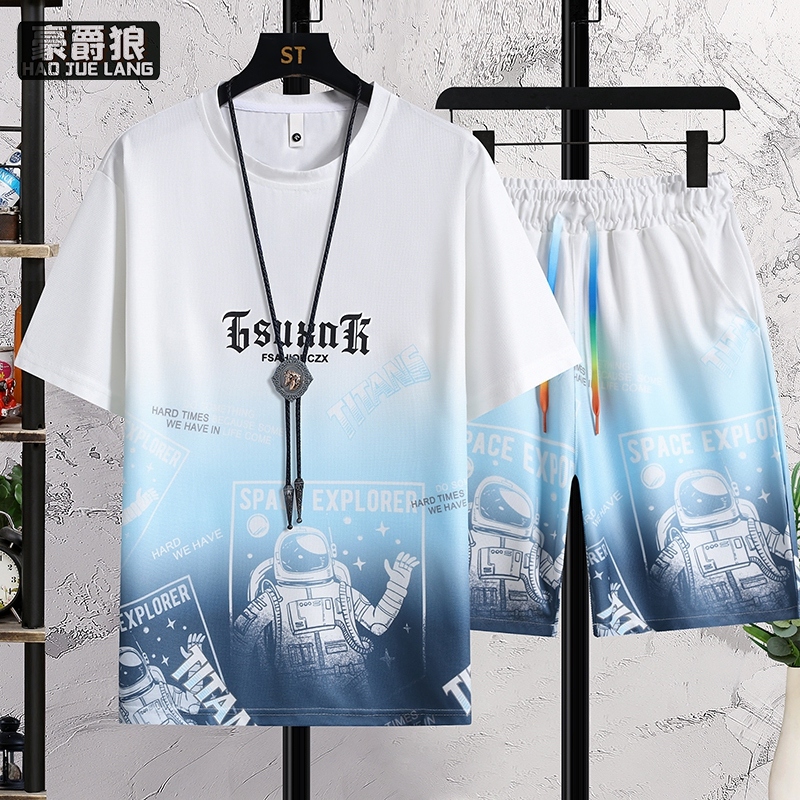 12368038.休闲运动套装男士夏季新款搭配帅气青少年夏装冰丝短袖+短裤