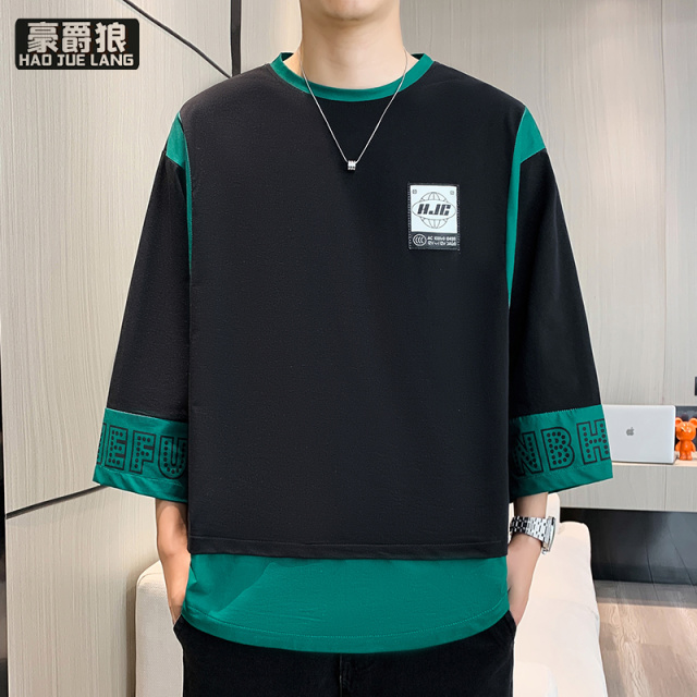 12368115.高端冰丝短袖t恤男款七分袖夏季帅气男装美式重磅上衣宽松ins潮流