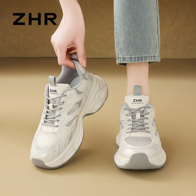12735724.【ZHR则则】老爹鞋圆头系带厚底女鞋[PU+网布]