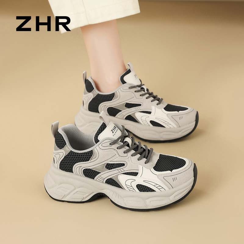 12735724.【ZHR则则】老爹鞋圆头系带厚底女鞋[PU+网布]