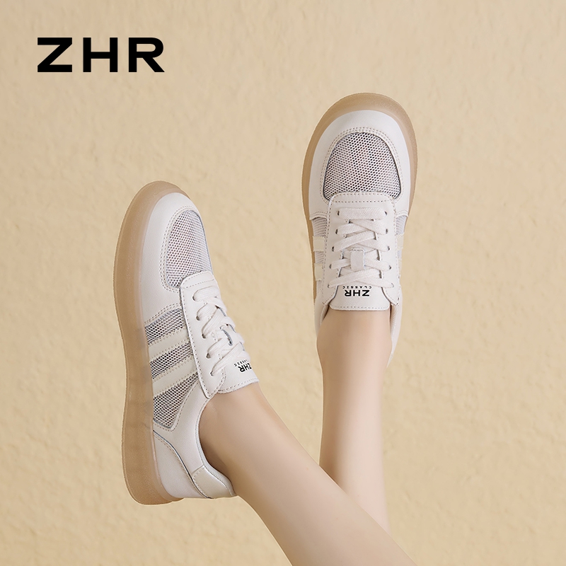 12735726.【ZHR则则】透气网洞小白鞋圆头系带平底女鞋[牛剖层移膜革+网布]