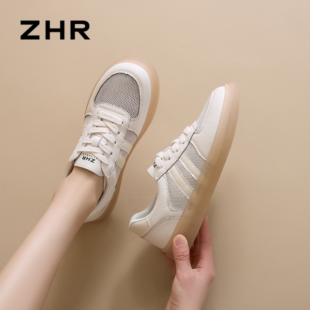 12735726.【ZHR则则】透气网洞小白鞋圆头系带平底女鞋[牛剖层移膜革+网布]