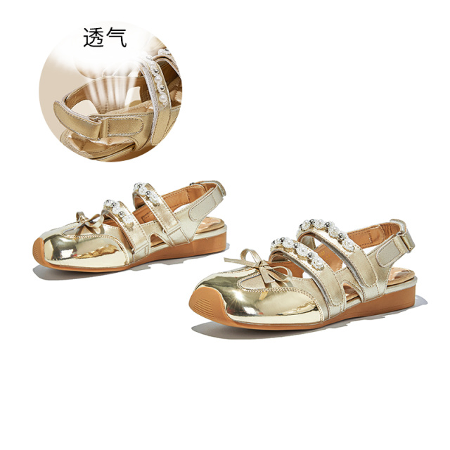 12379242.墨斯本真皮包头凉鞋女新款方头魔术贴蝴蝶结玛丽珍鞋后空德训鞋12030