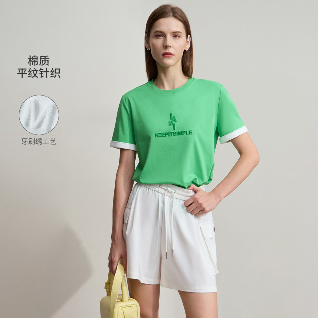 12387882.新款休闲圆领字母牙刷绣撞色短袖T恤女百搭上衣
