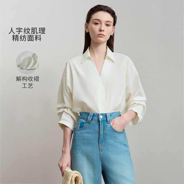 12387877.新款通勤翻领七分袖衬衫宽松白色衬衣女棉质法式上衣