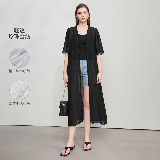 12387891.新款度假风喇叭袖雪纺衫轻薄透气长款外塔开衫百搭上衣女