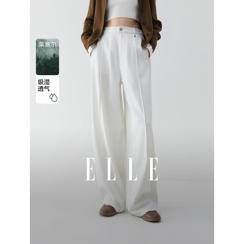 12948923.ELLE高质感天丝棉女式牛仔裤法式复古垂坠感阔腿裤