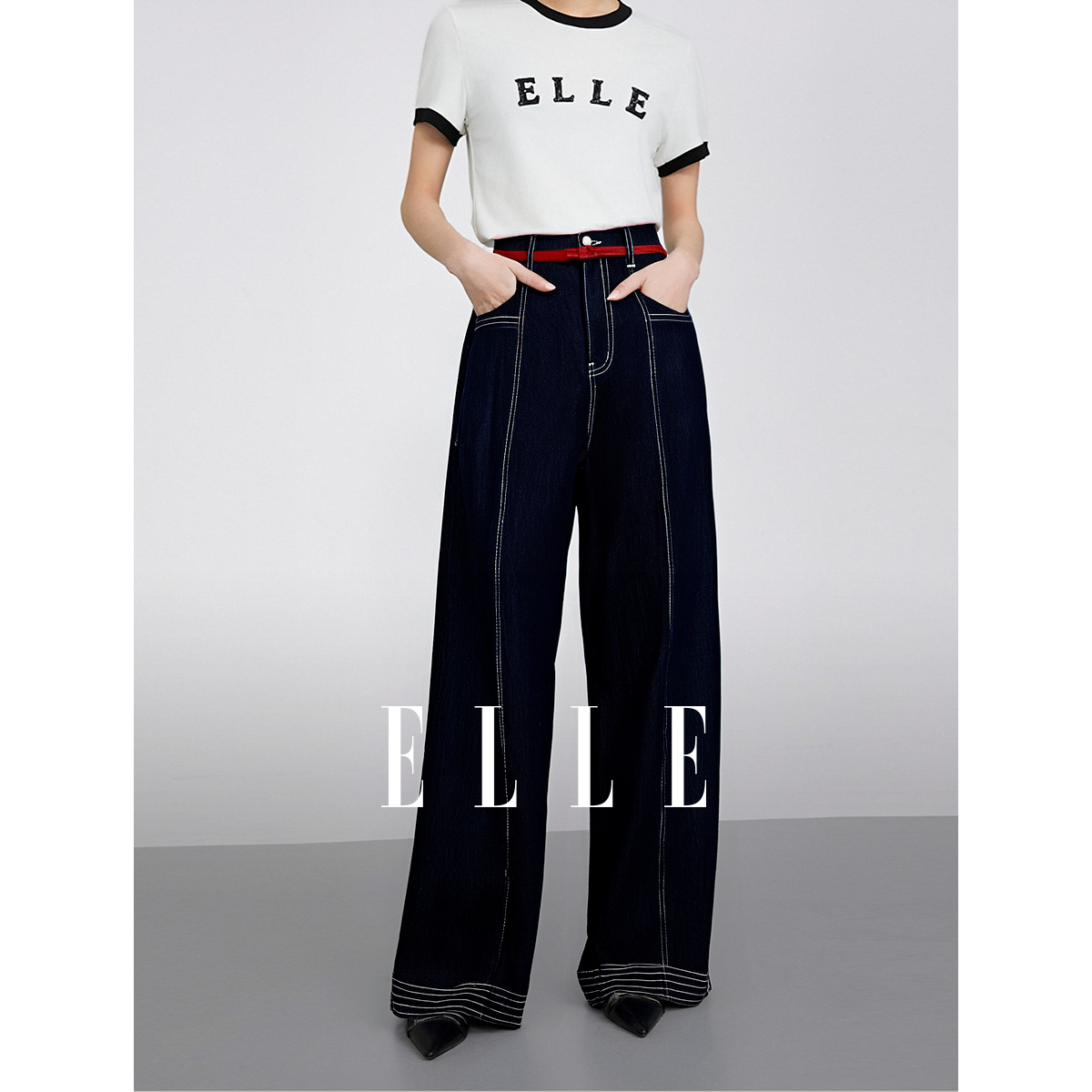 13788645.ELLE百搭出街牛仔裤摩登休闲风莱赛尔棉舒适直筒裤