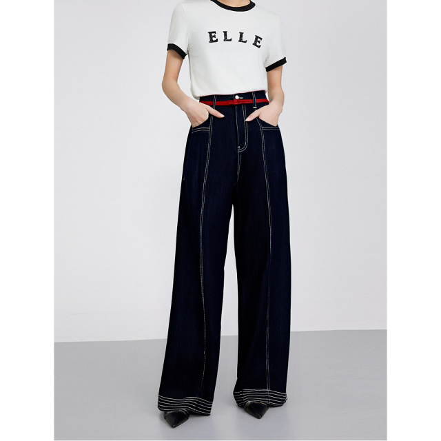 13788645.ELLE百搭出街牛仔裤摩登休闲风莱赛尔棉舒适直筒裤