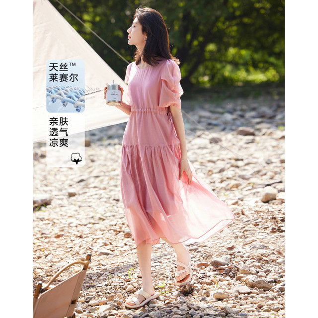 12393029.【天丝娃娃裙】夏款法式泡泡袖飘逸系带连衣裙女