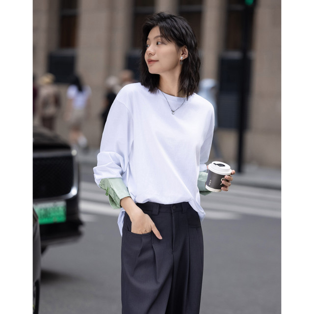 12393223.【新中式圆领T恤】秋优雅清秀绿拼接袖口个性简约上衣女
