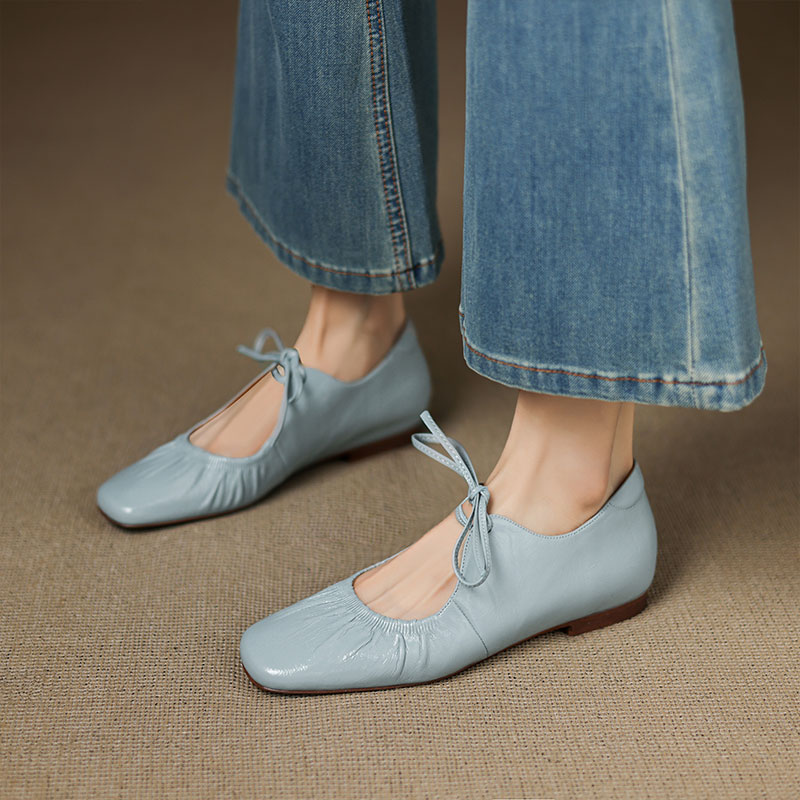 12415357.Hanychen头层羊皮内增高蝴蝶结圆头浅口时尚单鞋新款女鞋