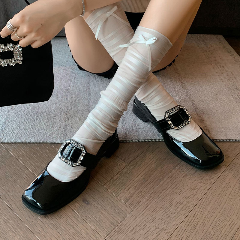 12415420.Hanychen头层牛皮方头粗跟方扣浅口玛丽珍单鞋新款女鞋
