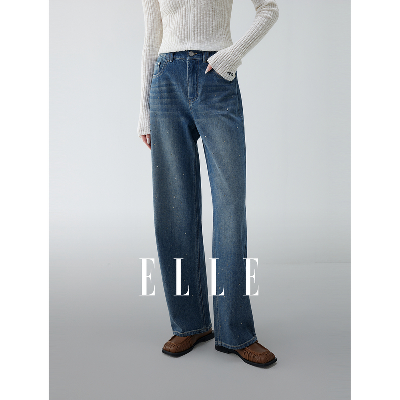 13439010.ELLE100%女式牛仔裤摩登复古潮高腰直筒裤女