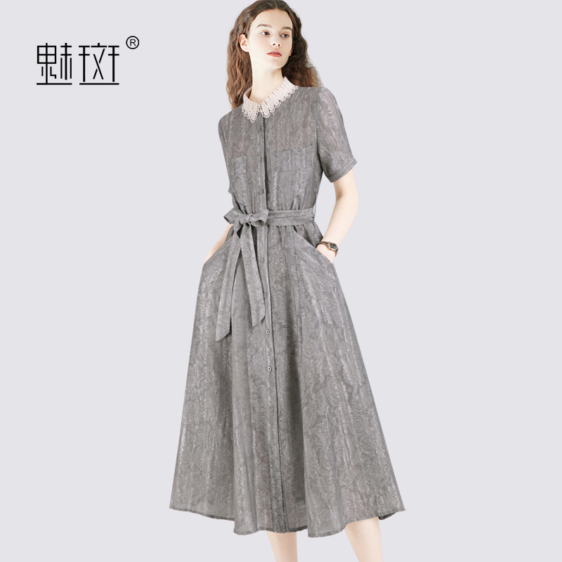 12419680.魅斑蕾丝翻领提花收腰系带连衣裙口袋衬衫裙