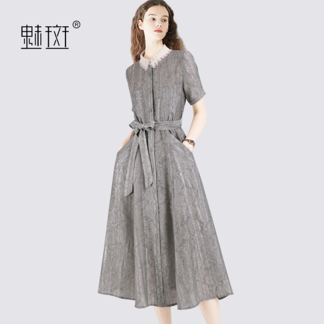 12419680.魅斑蕾丝翻领提花收腰系带连衣裙口袋衬衫裙