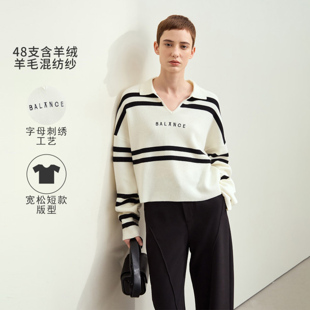 12463789.秋季翻领英文字母刺绣撞色条纹毛衣女宽松落肩袖通勤上衣
