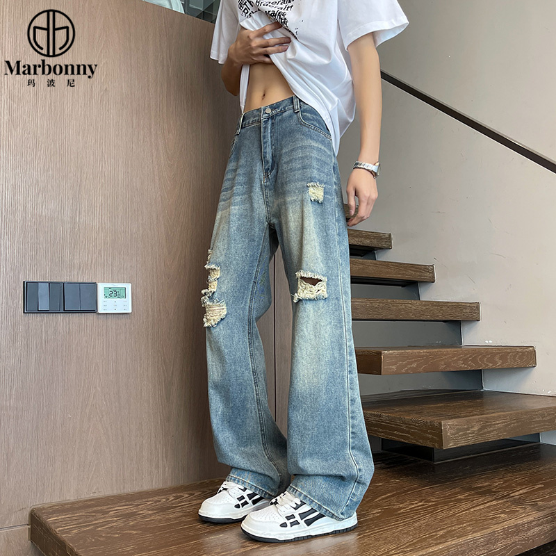12428546.【玛波尼】春秋青少年大童男士休闲破洞牛仔阔腿裤