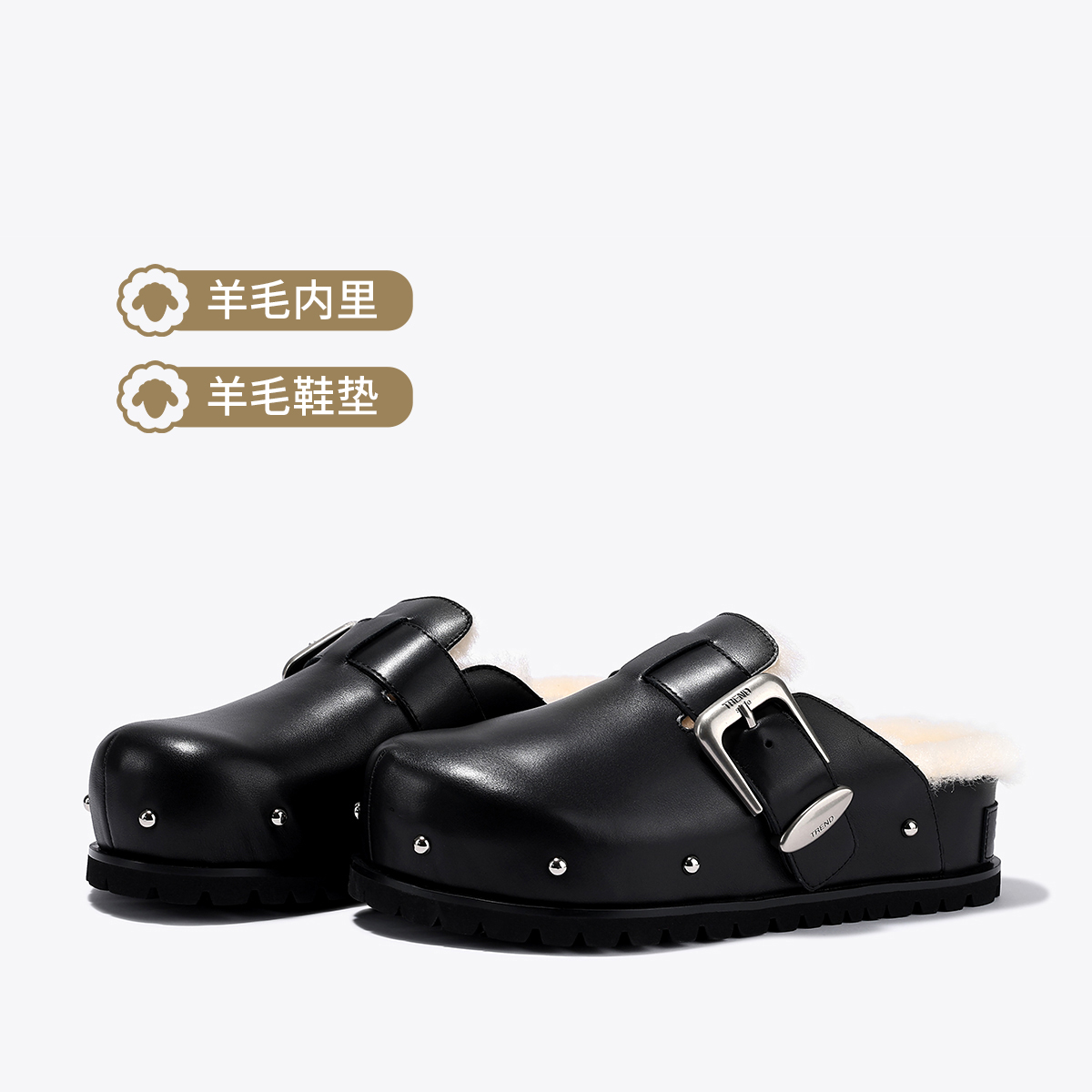12431143.BellaLily经典毛毛半拖鞋女铆钉厚底一脚蹬包头鞋子