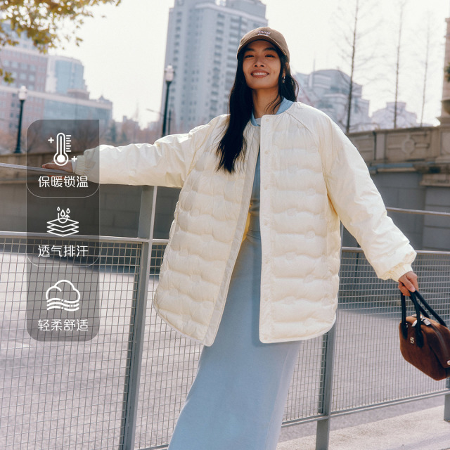 12429561.艾莱依春秋柔软羽绒服女士中长款隐形口袋松紧袖口百搭外套