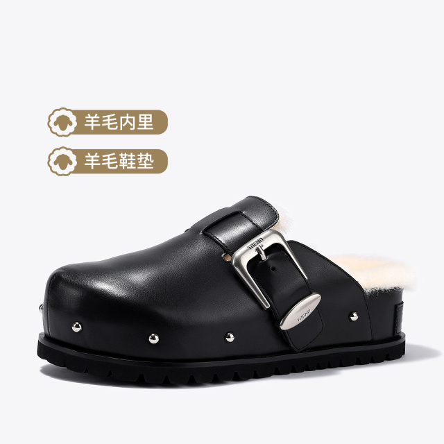 12431143.BellaLily经典毛毛半拖鞋女铆钉厚底一脚蹬包头鞋子