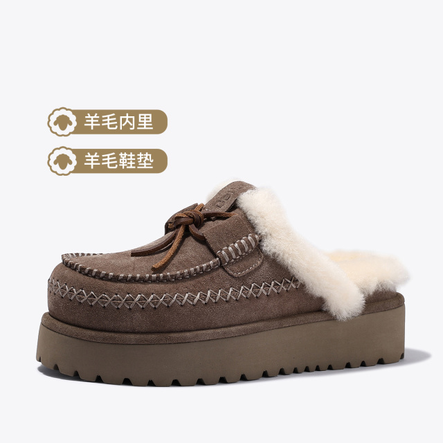 12431140.BellaLily时尚加绒半拖鞋女包头毛拖厚底懒人毛毛鞋