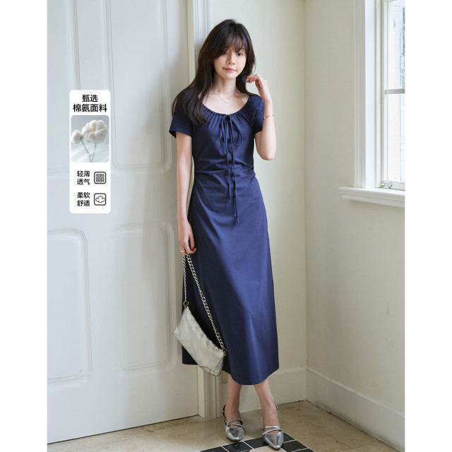 12443762.【美式学院】夏季简约大U领系带舒弹棉氨短袖A字中长款女连衣裙