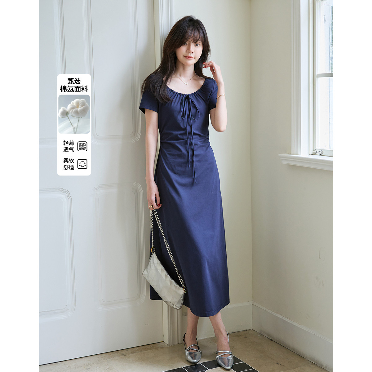 12443762.【美式学院】夏季简约大U领系带舒弹棉氨短袖A字中长款女连衣裙