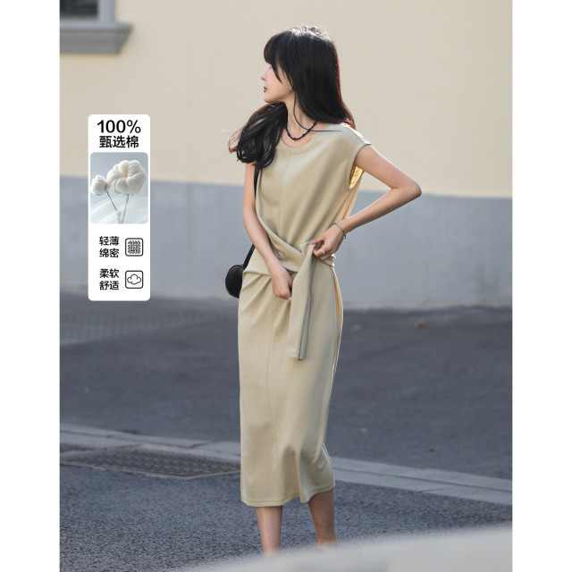 12442659.【不对称美学】夏季设计感假袖系带开叉圆领连袖舒弹长款女连衣裙