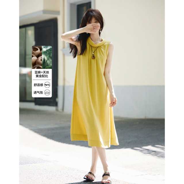 12443806.【舒凉天丝麻】夏季慵懒气质背心裙无袖松弛感直筒连衣裙女中长款