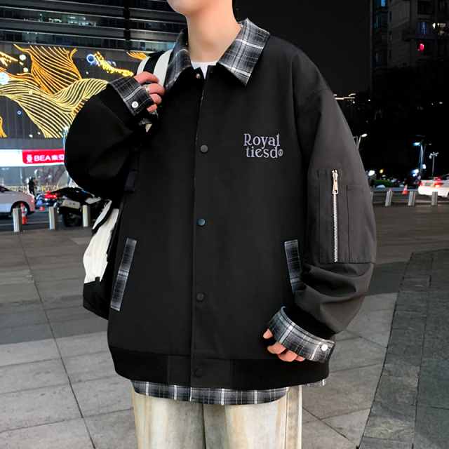 12438584.【玛波尼】2026春秋季户外翻领港风时尚潮流拼色格子夹克宽松百搭外套男