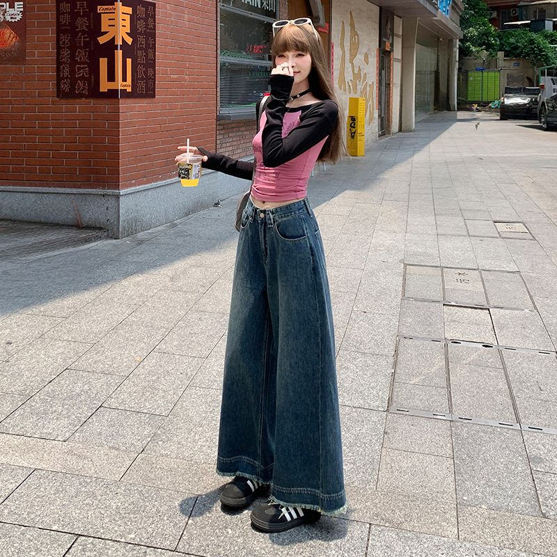 12438864.柒蒙 小个子阔腿牛仔裤女高腰宽松显瘦流苏毛边复古直筒裤