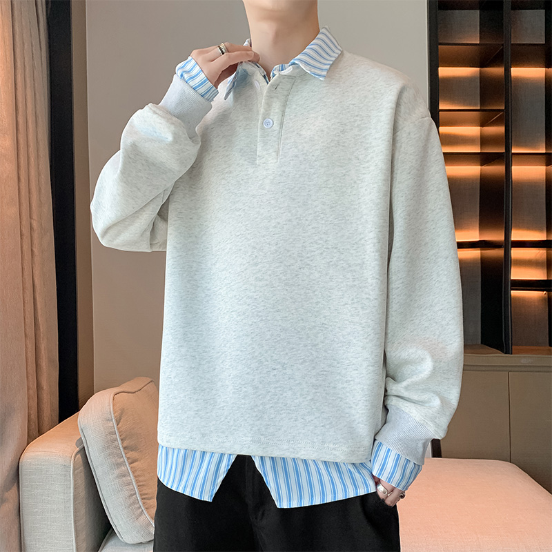 12439788.7-CHAOY秋冬新款男式潮牌美式条纹衬衫领假两件卫衣【7-CHAOY男装QD】