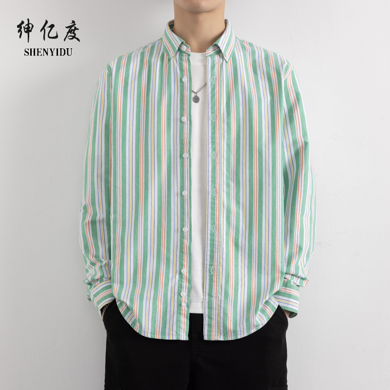 12443114.2025秋季新款高品质纯棉条纹长袖衬衫青年