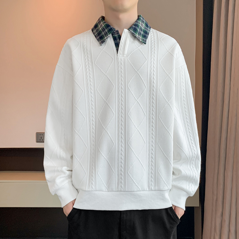 12439732.7-CHAOY秋冬新款男式港风翻领格纹纹理感潮流卫衣【7-CHAOY男装QD】