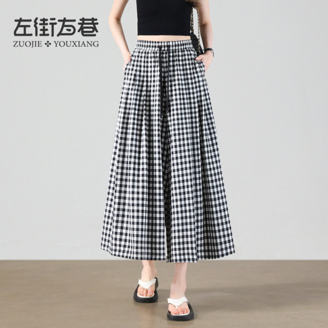 13001035.【左街右巷】复古格纹松紧腰简约时尚宽松裙裤休闲裤