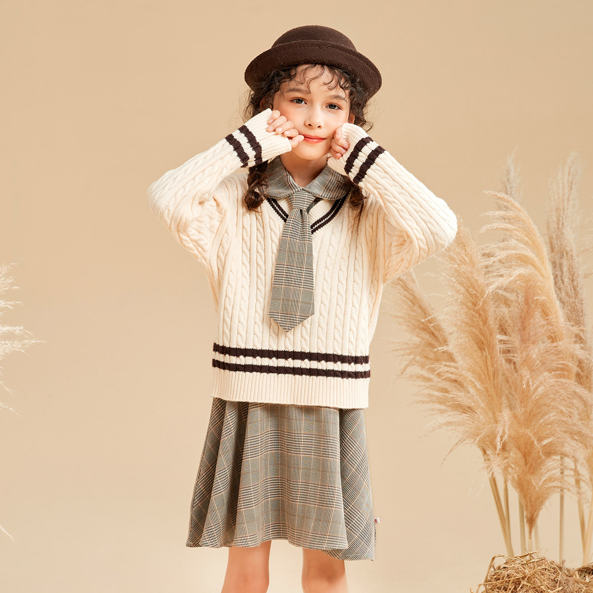 12446003.【学院风毛衣格子背心裙】2025网红两件套女童春秋时尚连衣裙