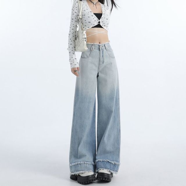 12447931.歌谛婕 渐变色设计感毛边窄版阔腿直筒牛仔裤女