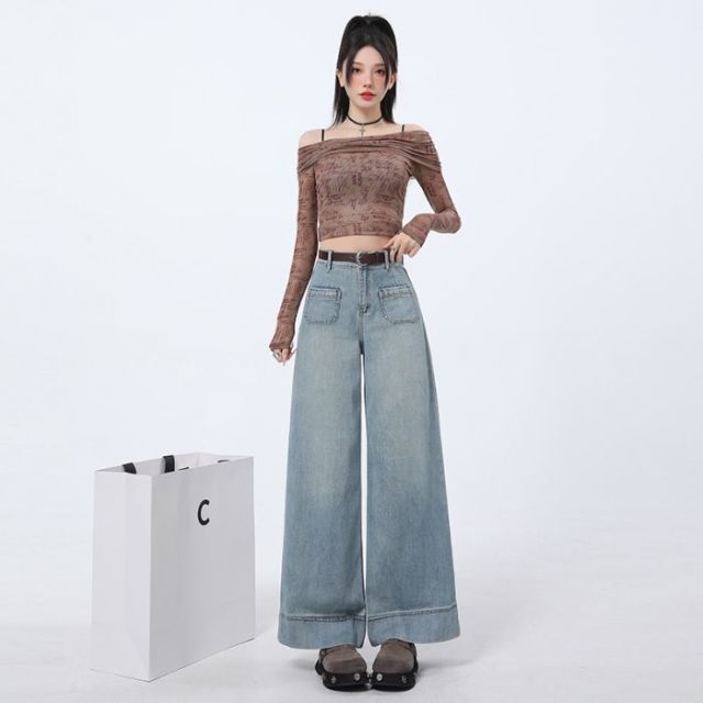 12447915.歌谛婕 小个子窄版阔腿牛仔裤女新款高腰宽松显瘦百搭直筒裤