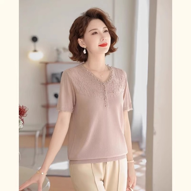 12447445.年轻妈妈夏装短袖T恤针织小衫新款洋气中老年女装套装上衣服