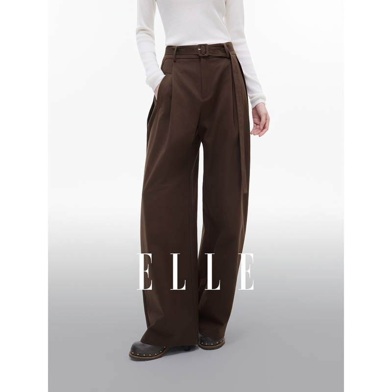 12452090.ELLE全棉质感舒适休闲裤都市通勤风本布腰带阔腿裤