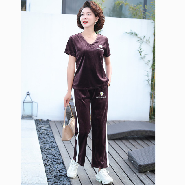 12449703.妈妈夏装两件套装宽松运动服中老年女短袖T恤洋气上衣服