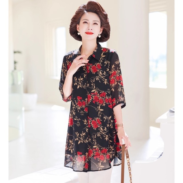 12452641.妈妈夏季中长款衬衫中年时尚宽松雪纺衬衣中老年碎花小衫薄款T恤上衣