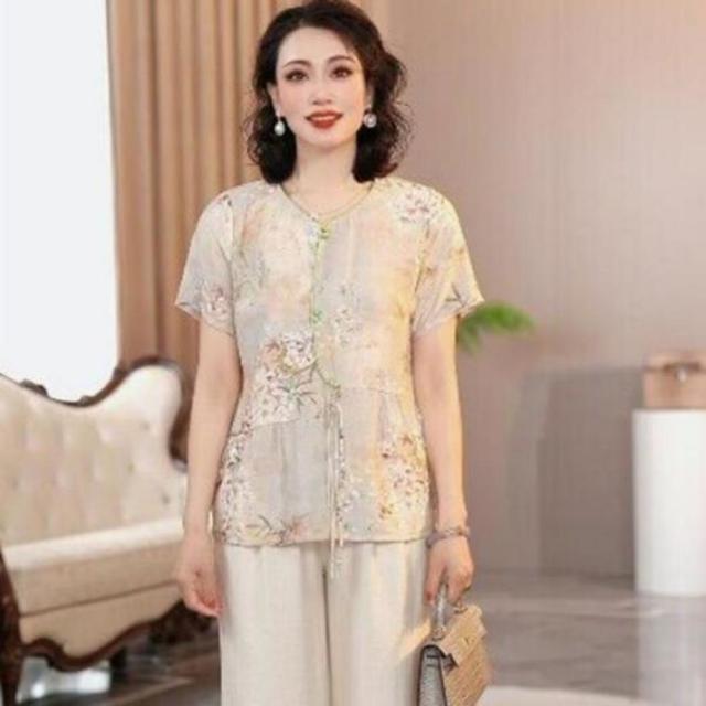 12452664.中年妈妈夏装新中式洋气上衣新款国风小衫宽松小V领