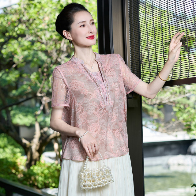 12453657.新款夏季妈妈装薄款时尚套装衬衣中老年女装洋气减龄T恤衣服