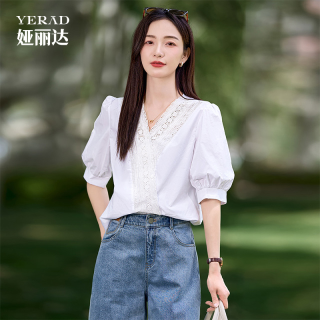 12455857.【娅丽达】云柔棉感V领短袖衬衫女通勤百搭休闲衬衣小衫女