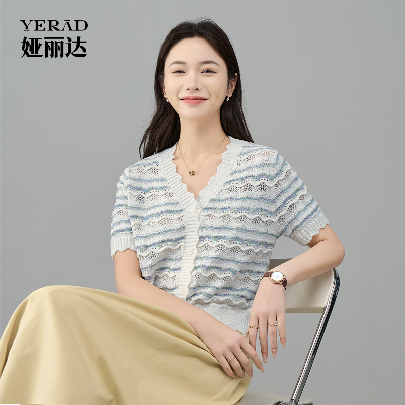 12455856.【娅丽达】肌理感镂空蕾丝短袖针织衫透气条纹显瘦T恤女