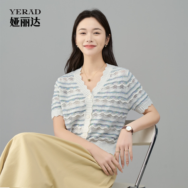 12455856.【娅丽达】肌理感镂空蕾丝短袖针织衫透气条纹显瘦T恤女